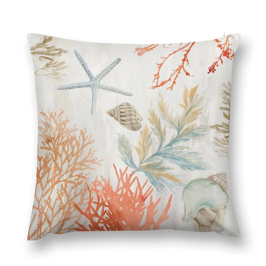 Plush throw pillow cover with sea life design, coral, starfish, and seashells. Perfect for living room or bedroom decor.