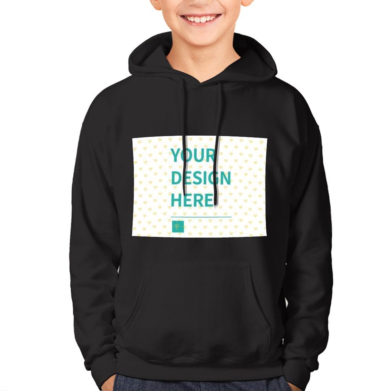 Customizable black hoodie for boys and girls with 'YOUR DESIGN HERE' text, comfortable fit, and youth-friendly design.