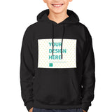 Customizable black hoodie for boys and girls with 'YOUR DESIGN HERE' text, comfortable fit, and youth-friendly design.