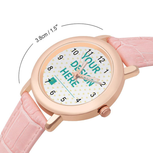 Customizable pink leather watch for women with rose gold case and 'YOUR DESIGN HERE' dial, personalized photo gift.