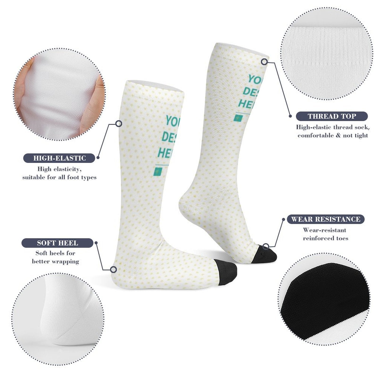 Personalized socks with 'YOUR DESIGN HERE', heart pattern, black heel and toe, high-elastic for women and men.