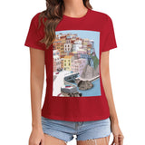 Red crewneck t-shirt with coastal town graphic, MyArtsyGift women's casual wear