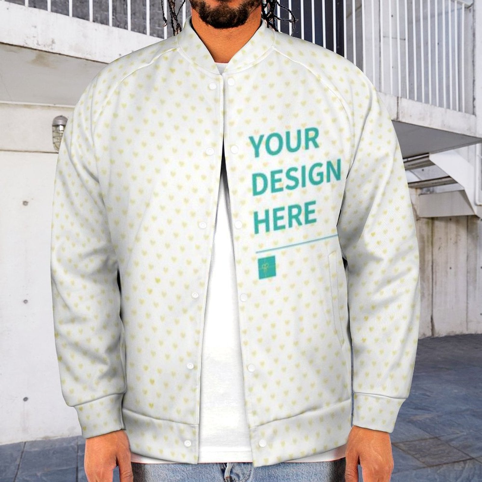 Custom baseball jacket for men, white with heart pattern. Personalized 'Your Design Here' varsity jacket.