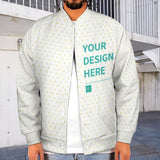 Custom baseball jacket for men, white with heart pattern. Personalized 'Your Design Here' varsity jacket.