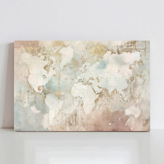 36x24 Canvas print world map art with gold accents, perfect gift for home decor
