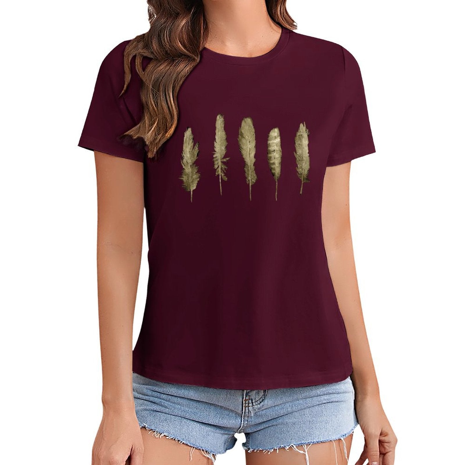 Maroon short sleeve women's t-shirt with feather print, MyArtsyGift