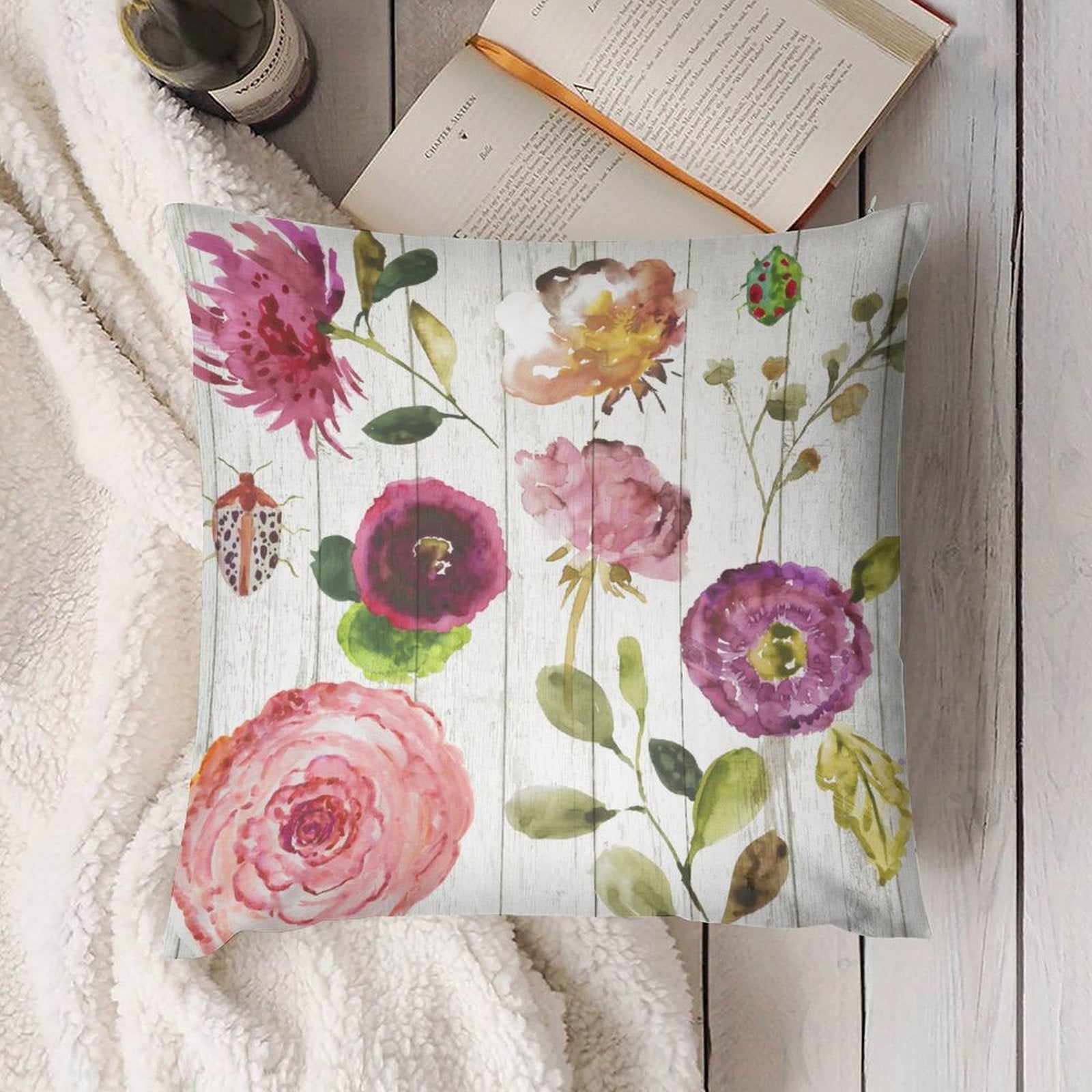 Luxury soft plush pillow cover with watercolor floral design for sofa, couch, and living room