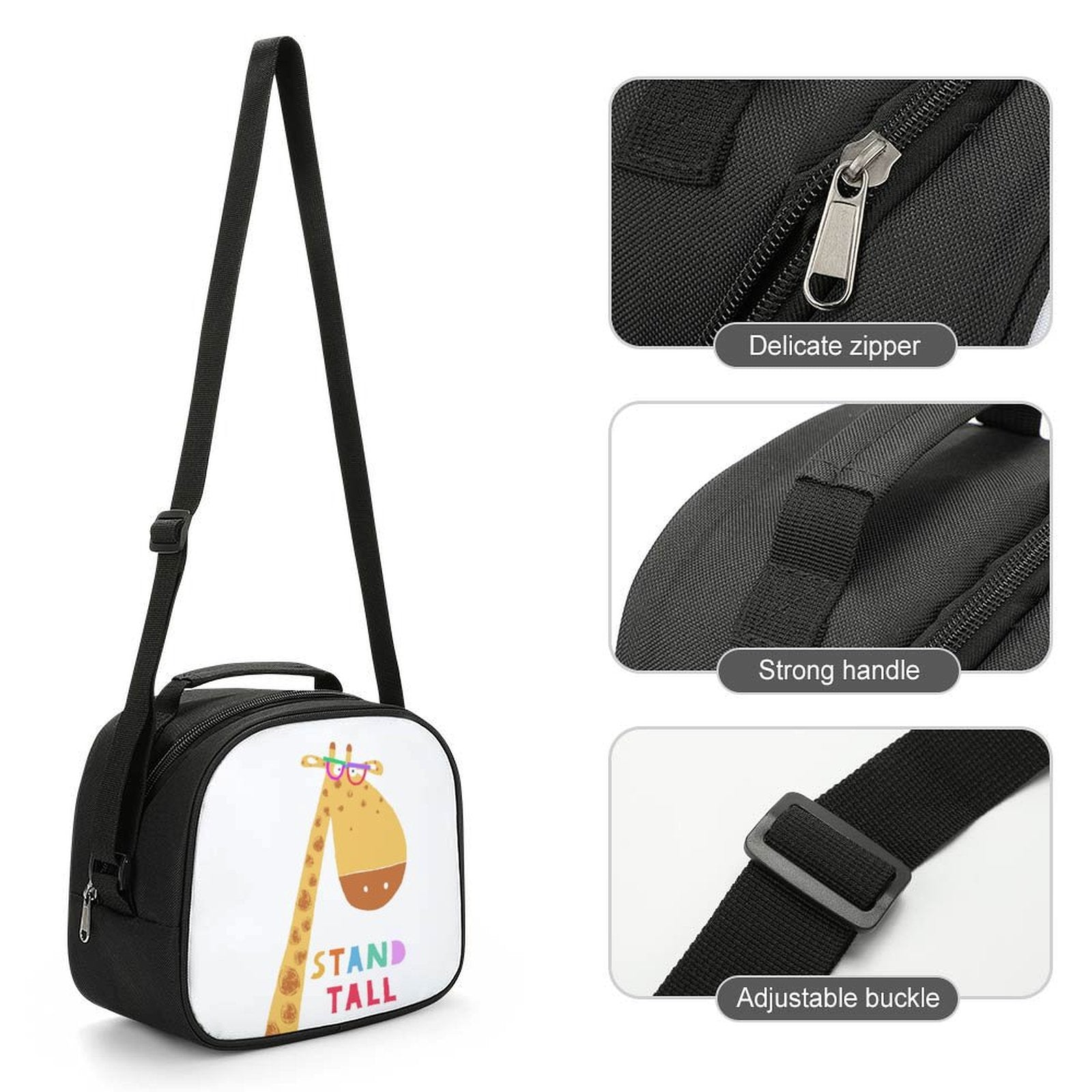 MyArtsyGift Kids Lunch Bag with Giraffe Design, durable, and adjustable strap.