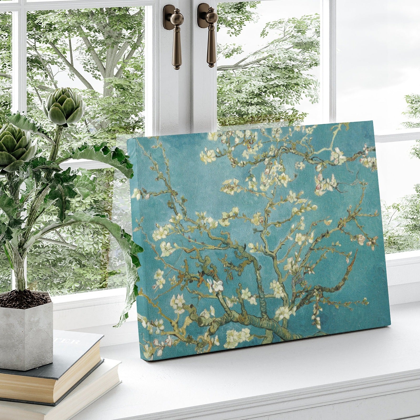 Van Gogh Almond Blossom canvas print, wall art with teal background for home decor, modern style