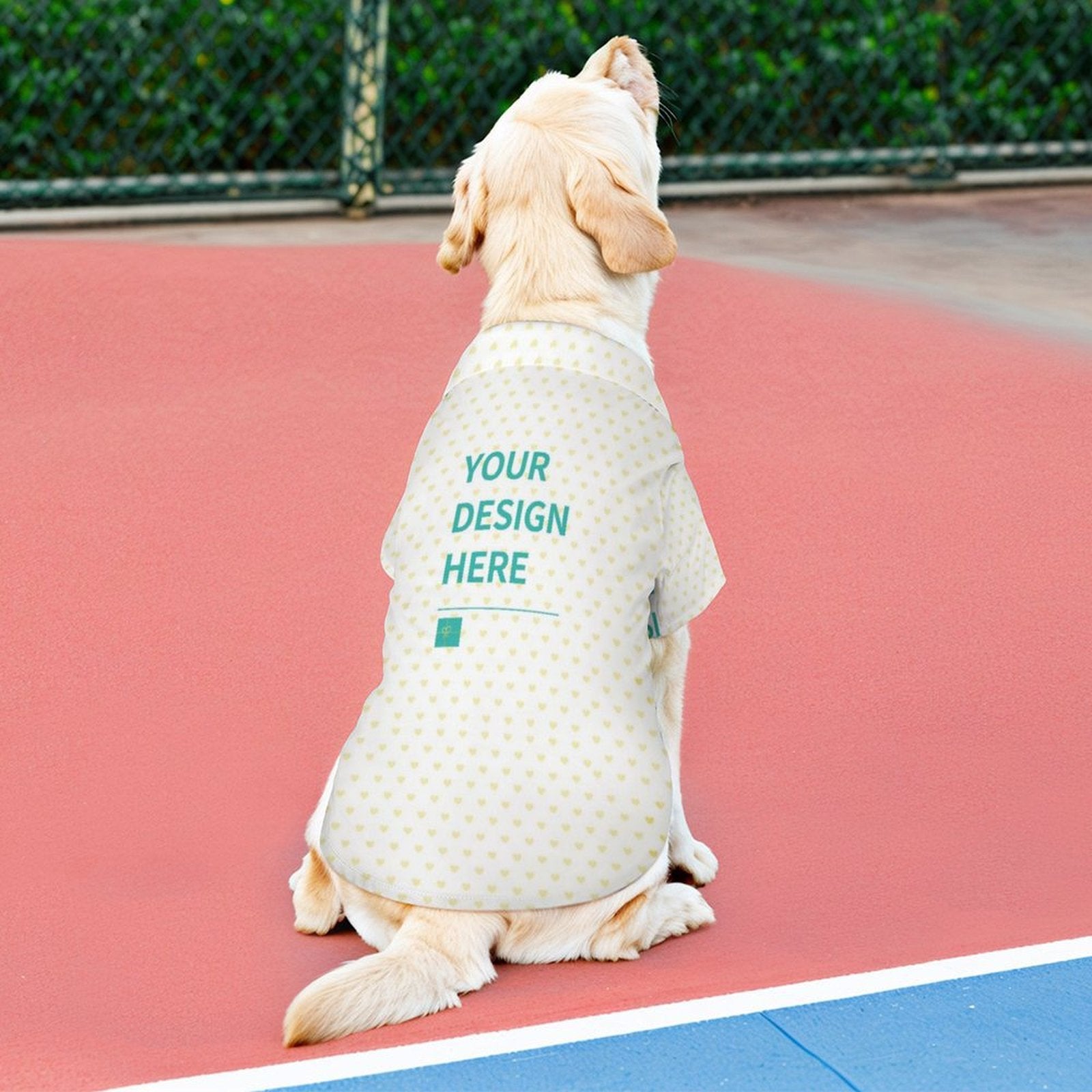Customizable dog shirt vest, white heart pattern with "YOUR DESIGN HERE" text, perfect for small dogs and cats.