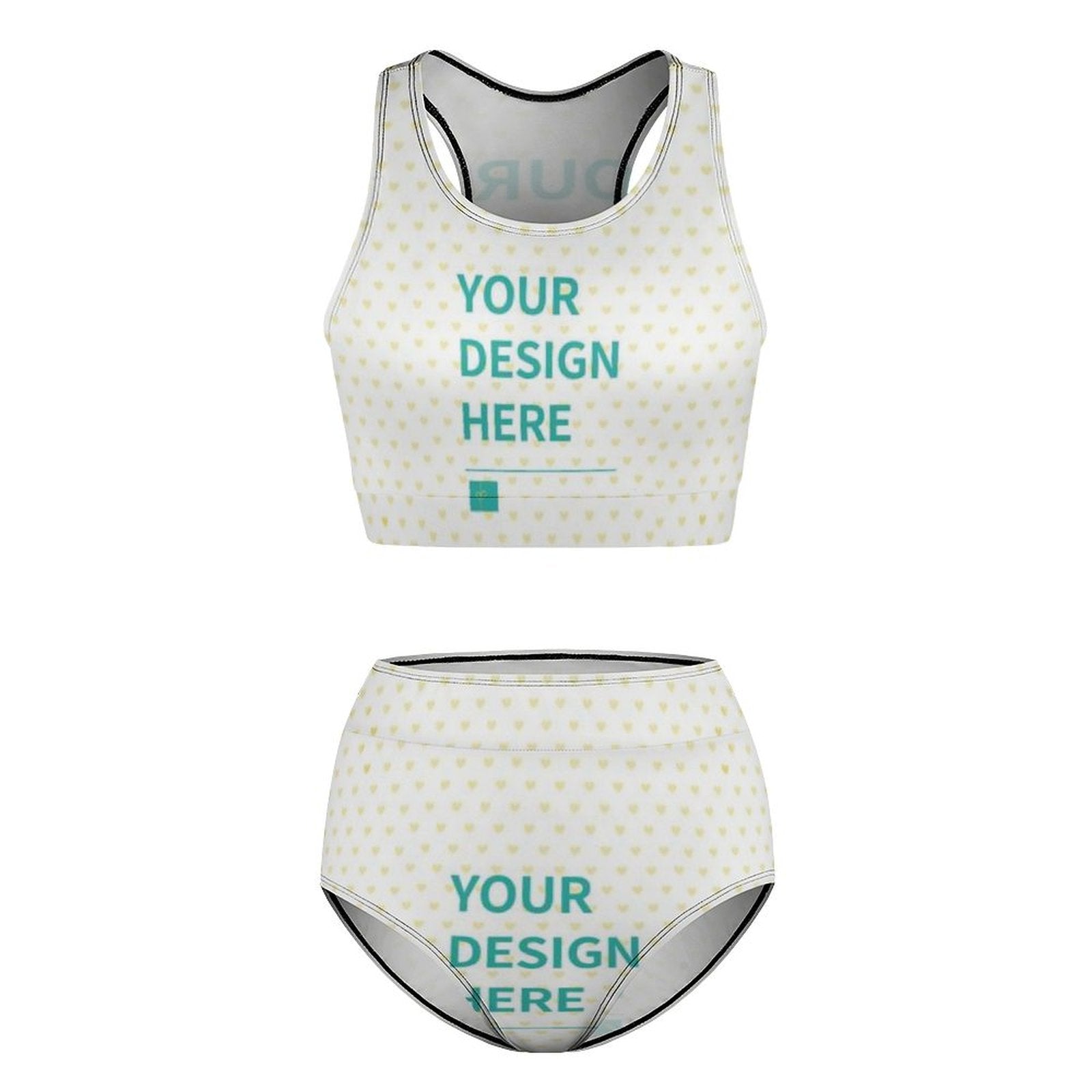 Customizable white high-waisted swimsuit with design. Two-piece bikini set with "YOUR DESIGN HERE" text for summer