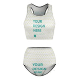 Customizable white high-waisted swimsuit with design. Two-piece bikini set with "YOUR DESIGN HERE" text for summer