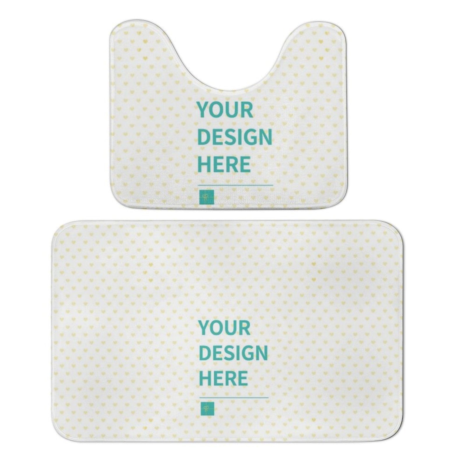 Customizable bathroom rug set with 'YOUR DESIGN HERE' text, in coral fleece material with heart pattern from MyArtsyGift.