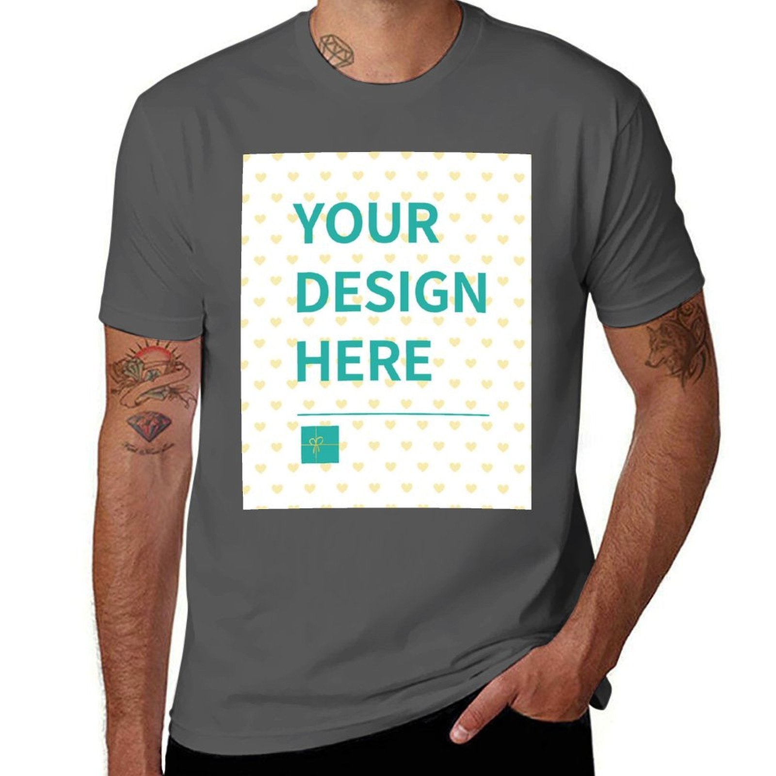 Customizable gray short sleeve t-shirt with 'YOUR DESIGN HERE' design, MyArtsyGift.com