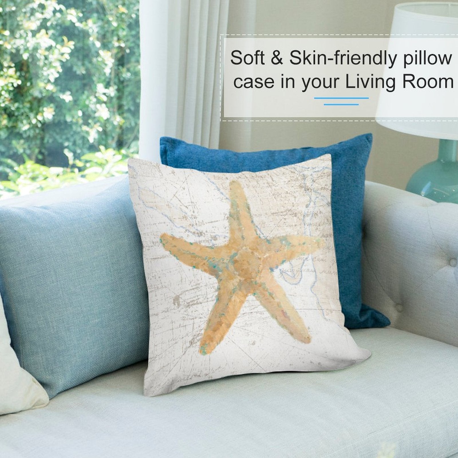 Starfish pillow cover on couch. Soft and skin-friendly plush pillow for living room decor, coastal style.