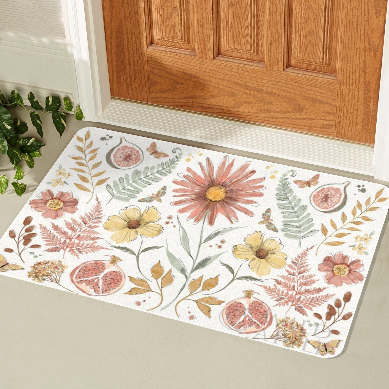 Floral doormat with watercolor flowers, fruits, and butterflies for indoor or outdoor use.