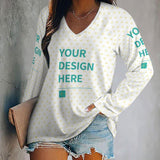 Custom women's long sleeve V-neck tee, personalized design, white with yellow hearts.