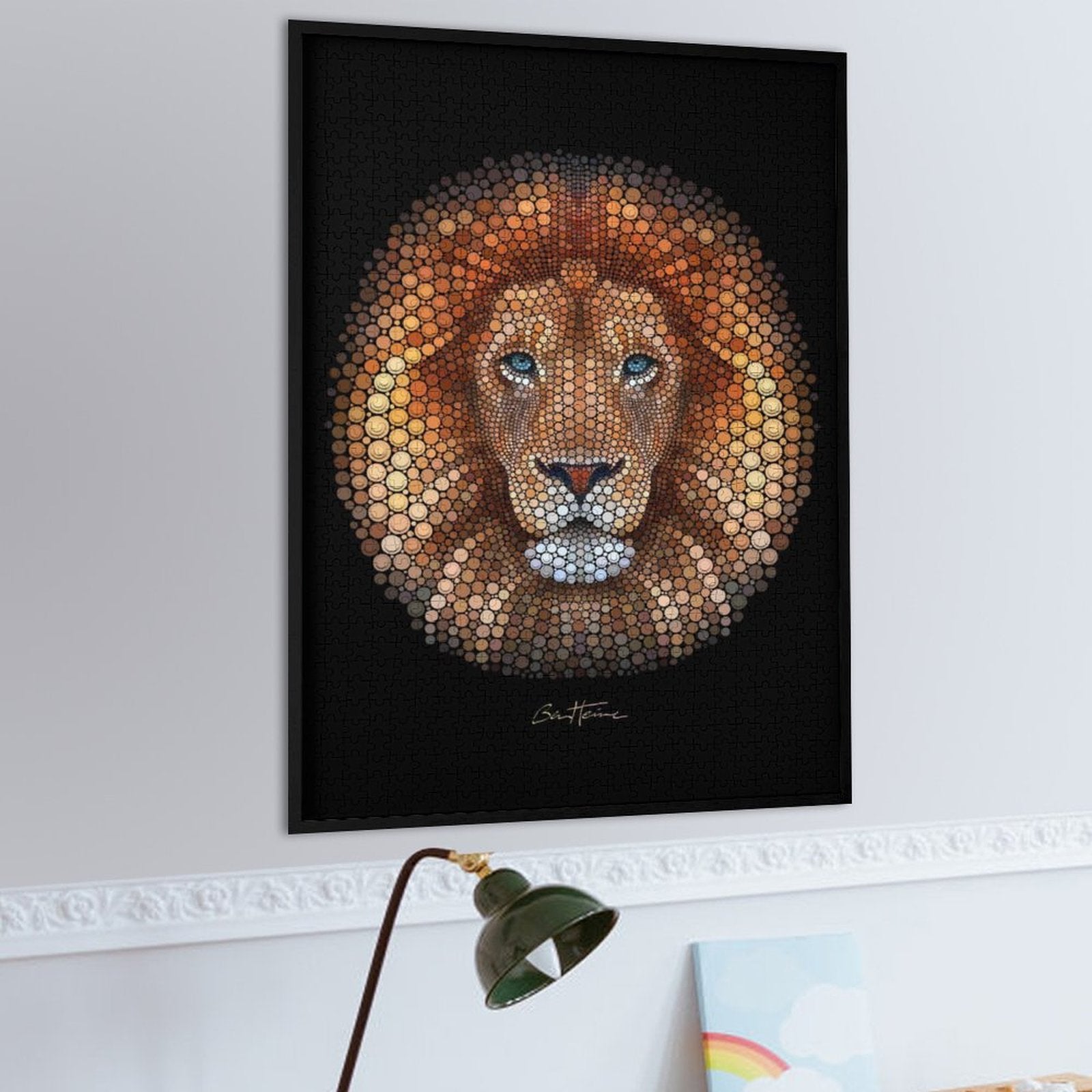 Lion face wooden puzzle, family game night gift, with black frame, artist signature. Focus on quality art and family fun.