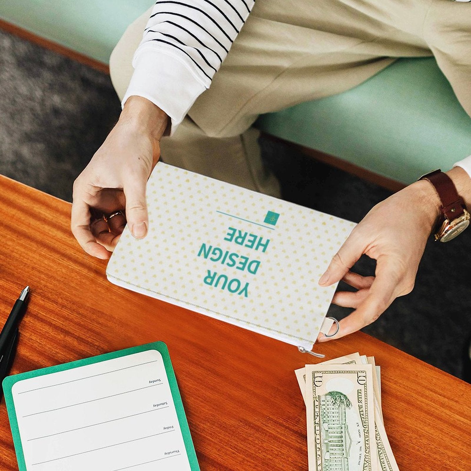 Customizable canvas coin purse with "YOUR DESIGN HERE" design, perfect for storing coins, cards, and stationery.