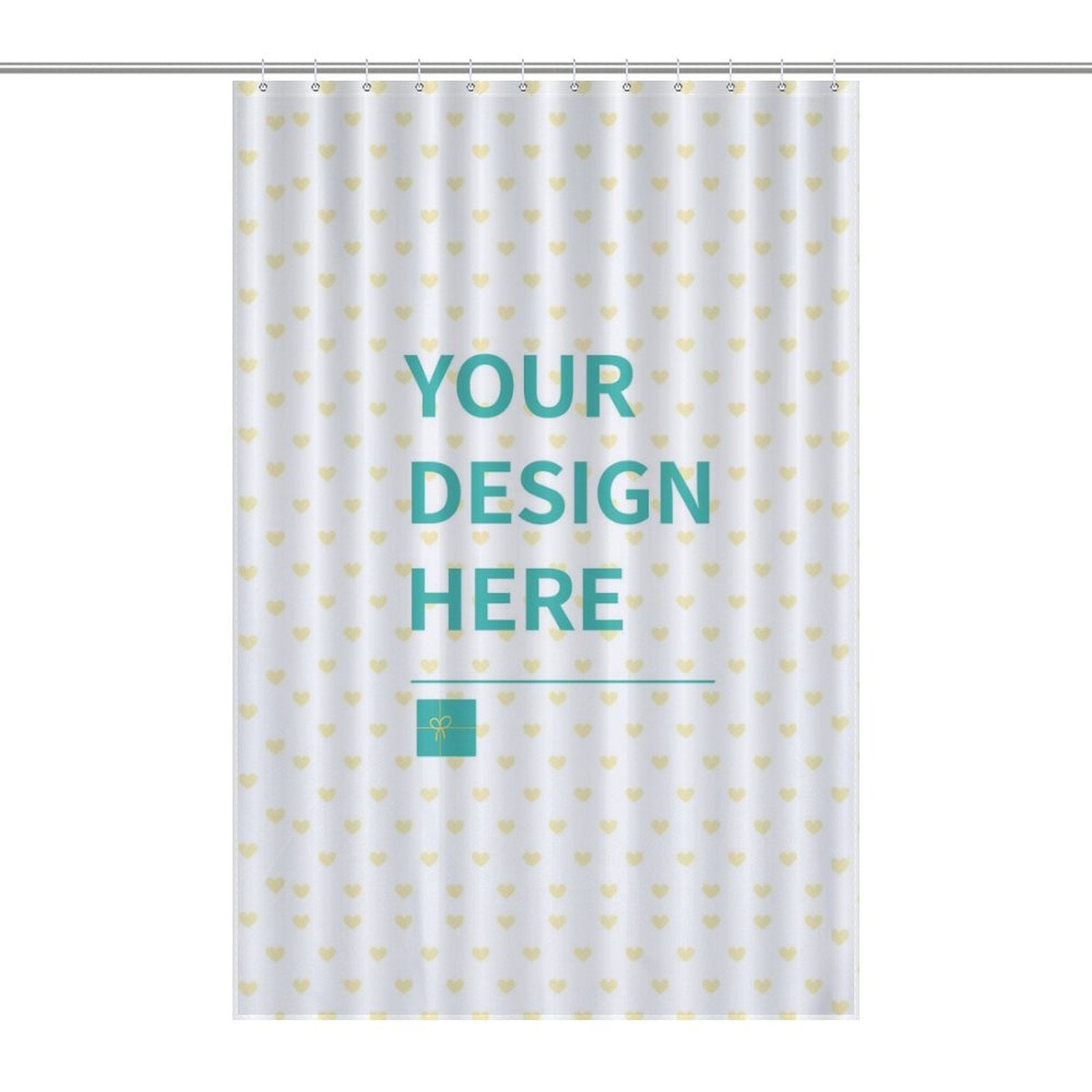 Customizable shower curtain with heart pattern and 'YOUR DESIGN HERE' text; polyester, personalized bath curtain