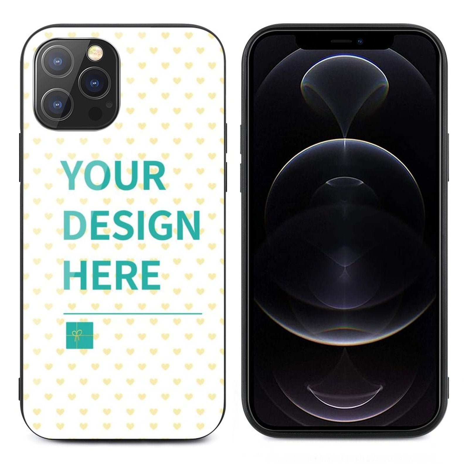 Custom iPhone 12 Pro Case with 'YOUR DESIGN HERE' text, glass material, heart pattern, MyArtsyGift