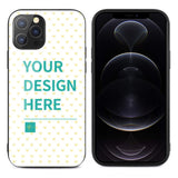 Custom iPhone 12 Pro Case with 'YOUR DESIGN HERE' text, glass material, heart pattern, MyArtsyGift