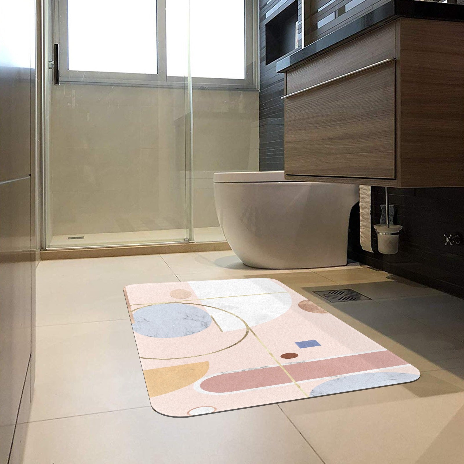 Pink abstract entrance doormat with geometric design, ideal for bathroom, rubber backing