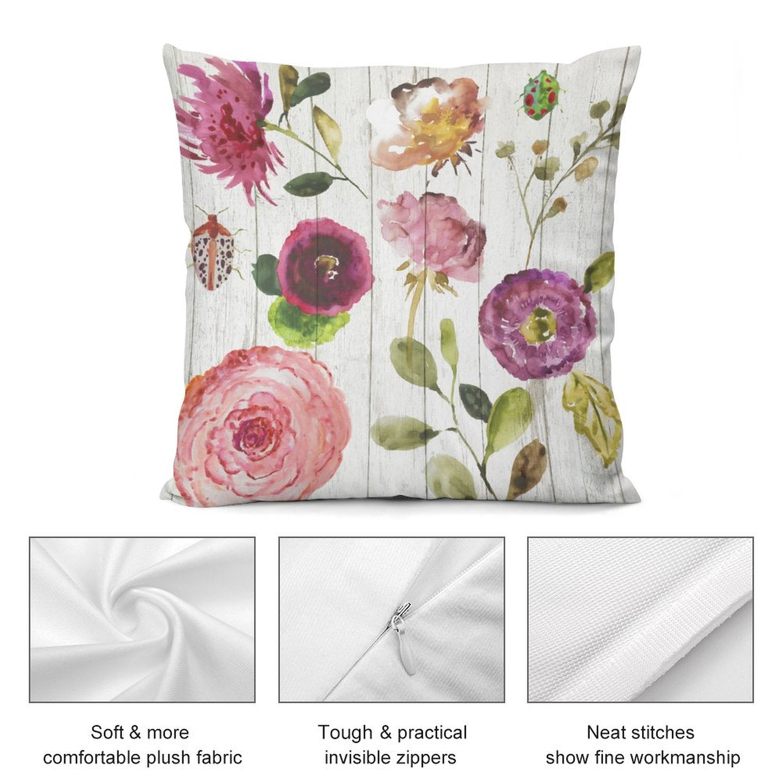 MyArtsyGift plush pillow cover with watercolor floral design, soft plush fabric and invisible zippers.