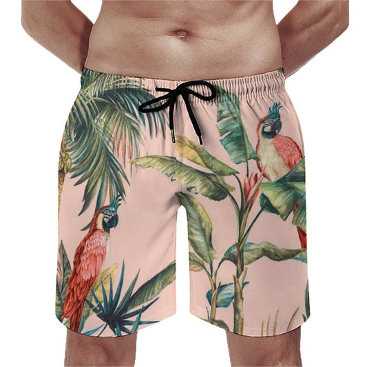 Men's Hawaiian swim trunks featuring a parrot and tropical leaves design with elastic waistband and drawstring