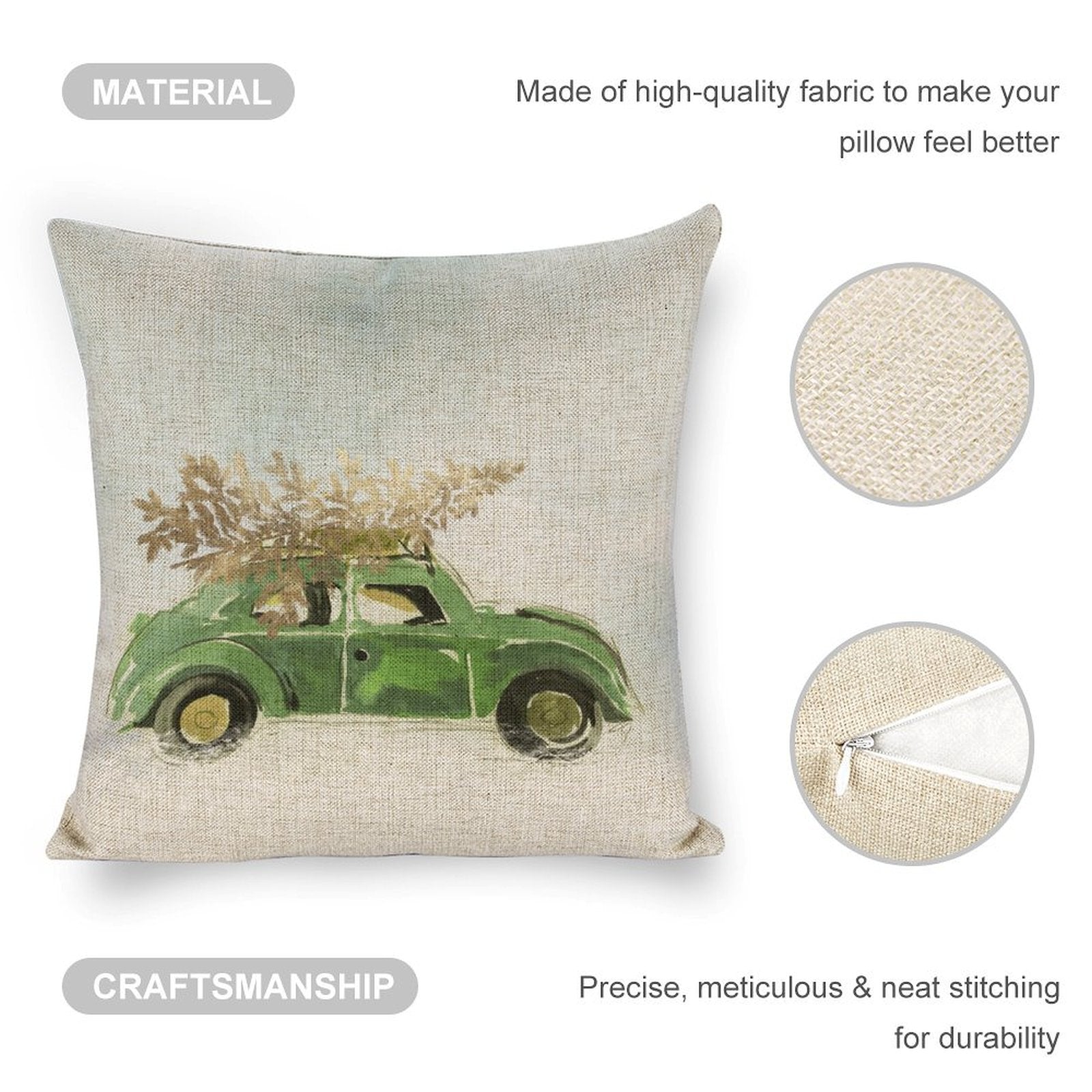 Christmas pillow cover with green car and Christmas tree. Linen fabric, square cushion for sofa.