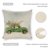 Christmas pillow cover with green car and Christmas tree. Linen fabric, square cushion for sofa.