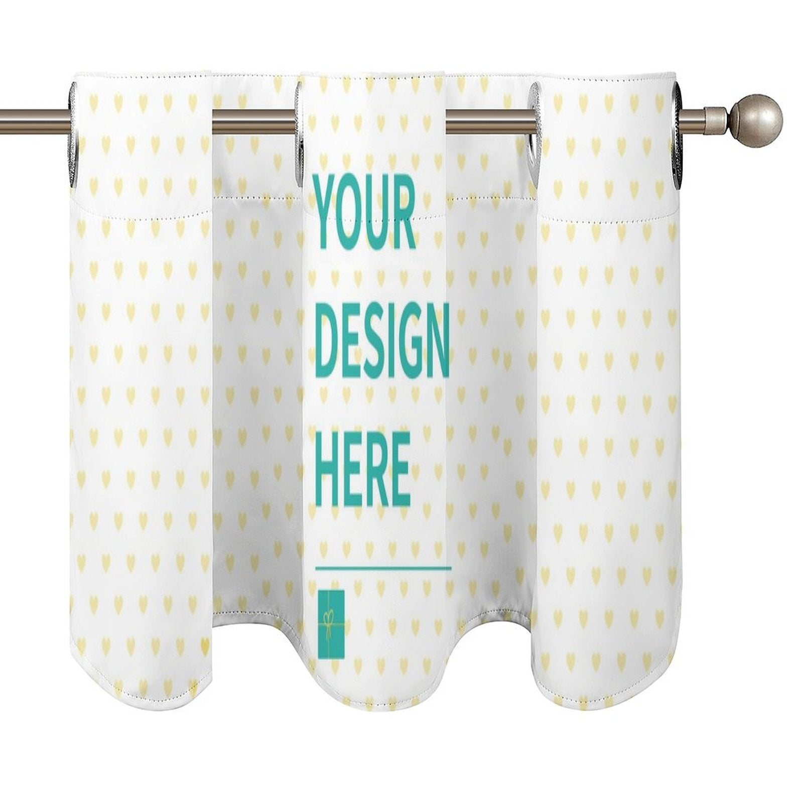 Custom curtain valance with 'YOUR DESIGN HERE' text and yellow heart pattern for windows.