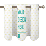 Custom curtain valance with 'YOUR DESIGN HERE' text and yellow heart pattern for windows.