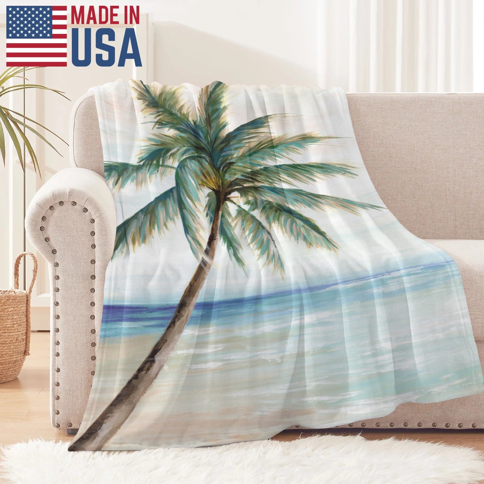 USA-made beach-themed polyester blanket, palm tree ocean design for sofa or bed