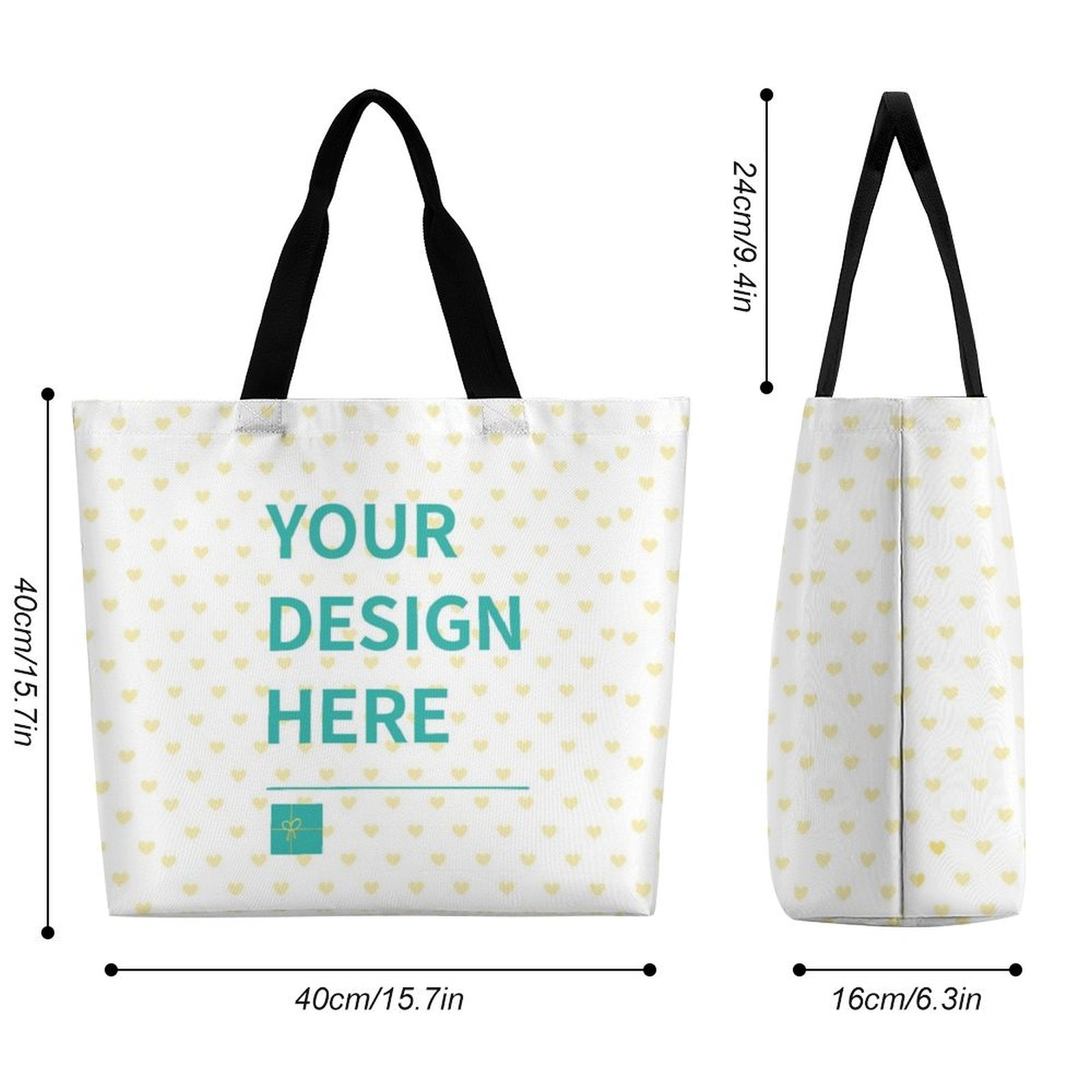 Customizable canvas tote bag with heart pattern, perfect for personalization and shopping, available at MyArtsyGift.com.