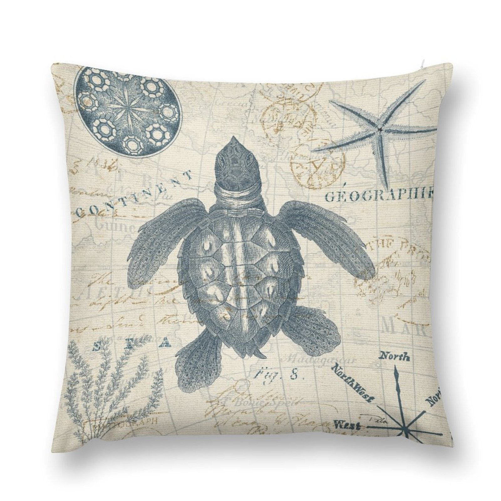 Turtle pillow cover, vintage map design, soft plush material, ideal for sofa or living room decor.