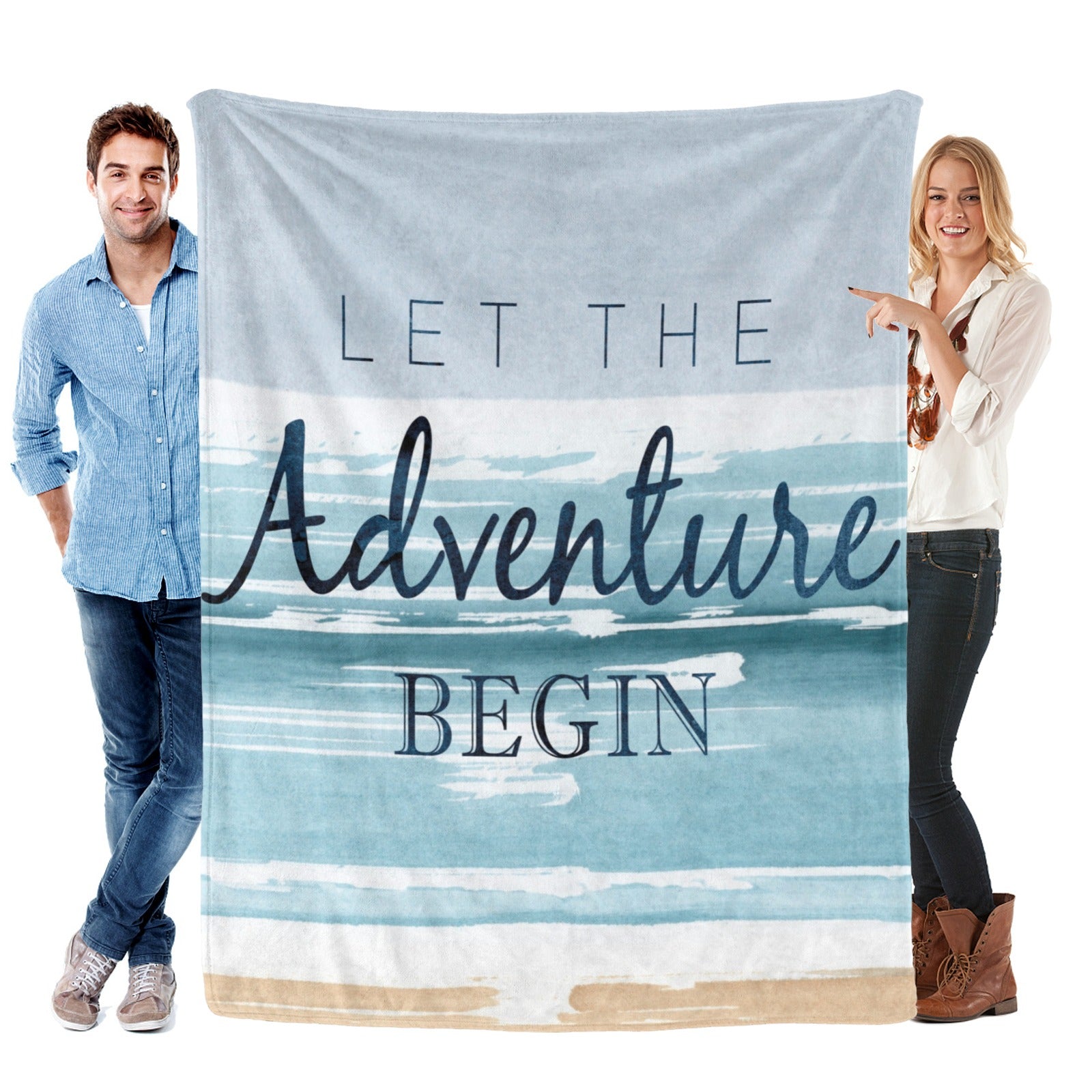 Blue Beach Coastal Flannel Blanket with 'Let The Adventure Begin' text, held by a man and woman, perfect for sofa or bed