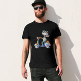 Men's black crew neck t-shirt with frog on scooter design