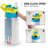 Kids' insulated water bottle with one-click open lid, elephant design, and 'DREAM BIG' text for school.