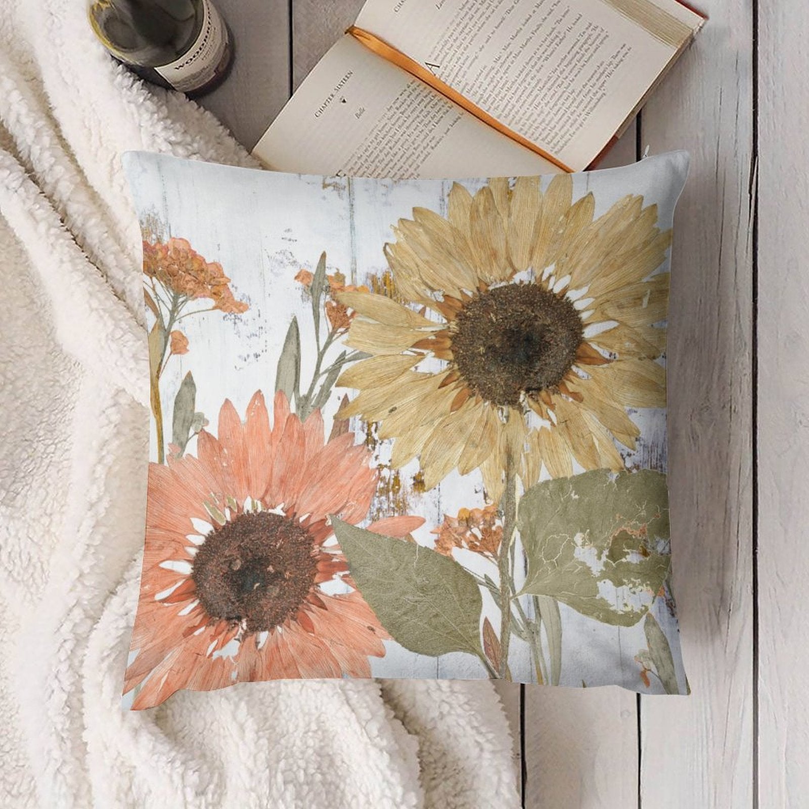 Square throw pillow cover with dried sunflowers and floral design, short plush material, home decor
