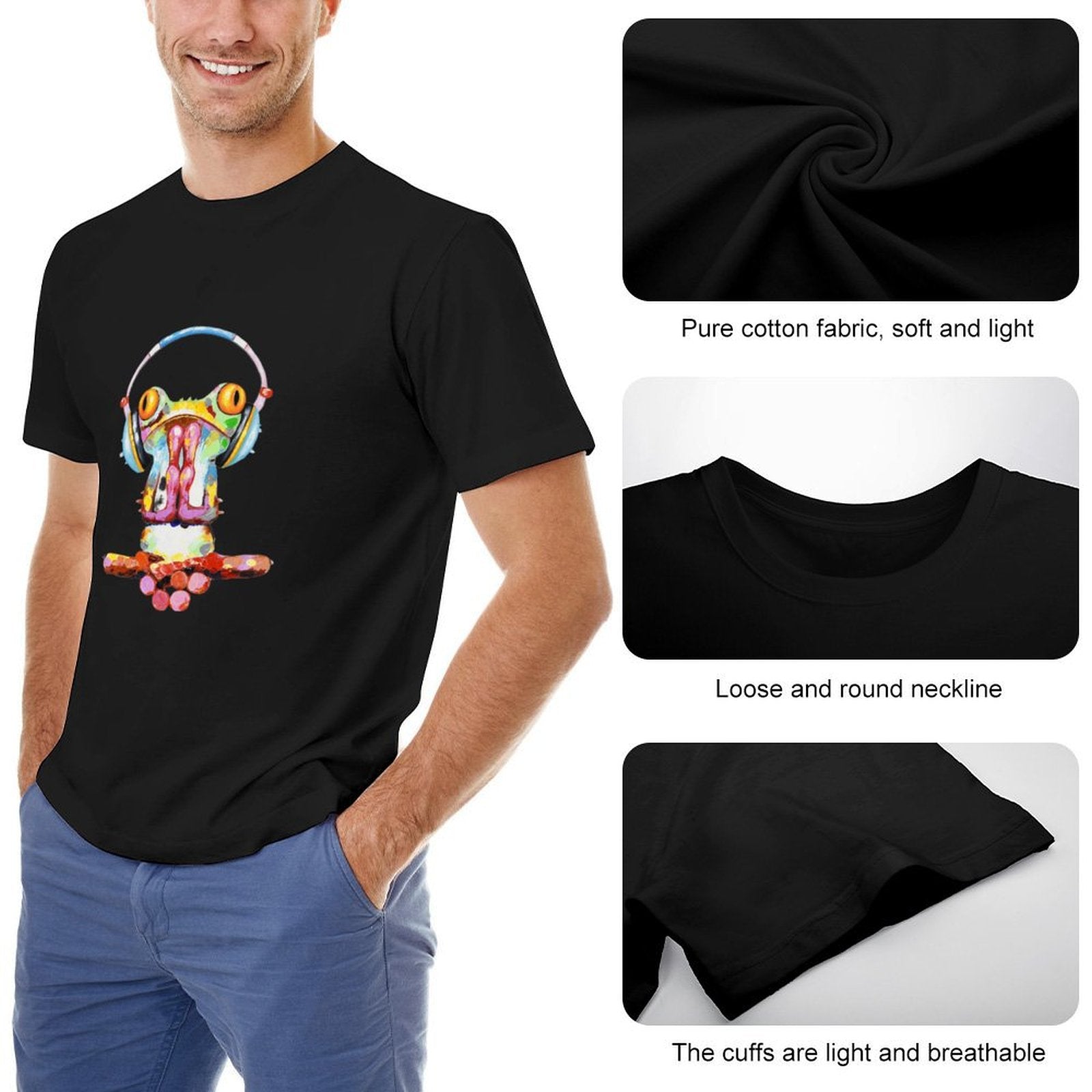 Men's black crew neck t-shirt with frog graphic, pure cotton fabric, soft and light. Breathable tee, MyArtsyGift.