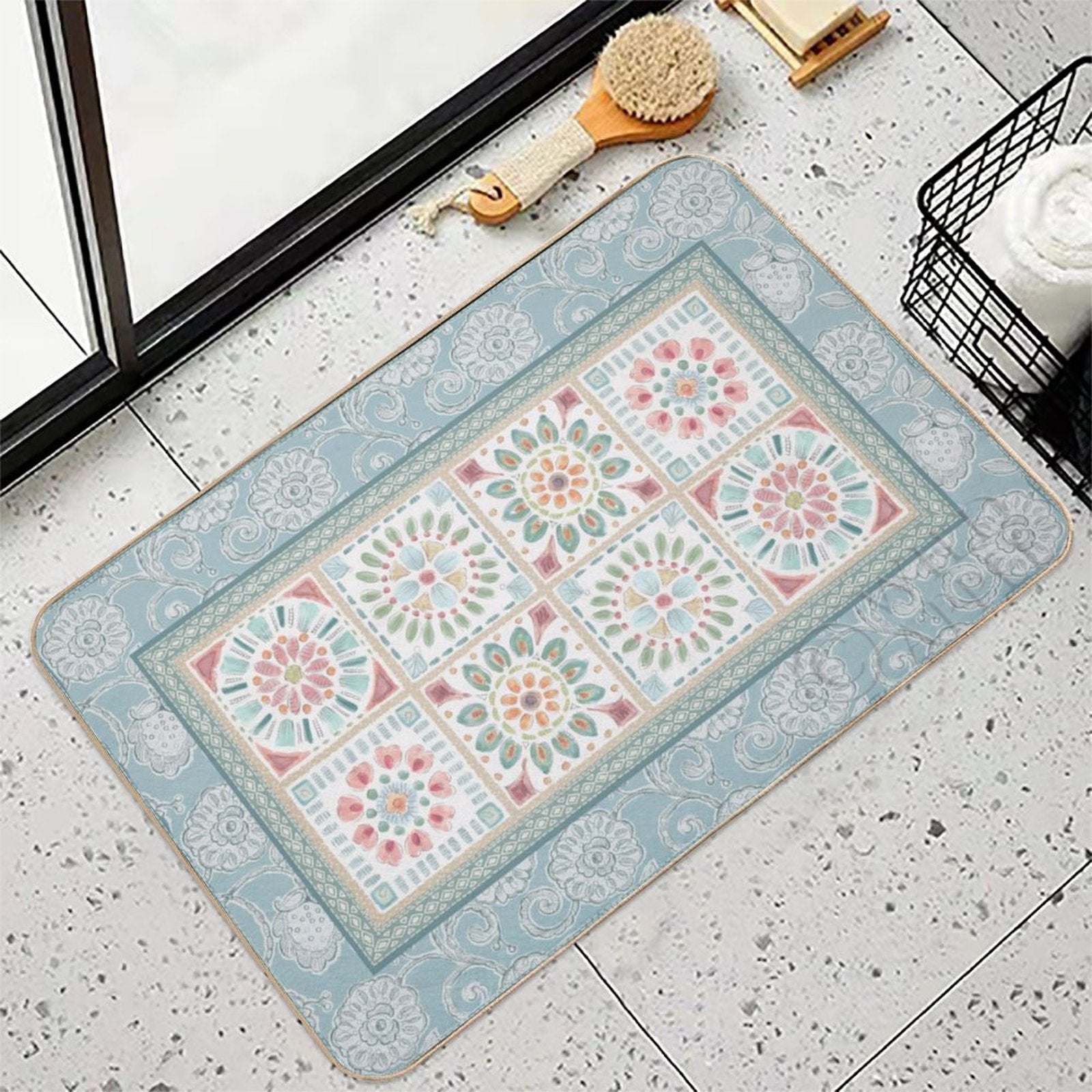 Custom floor mat featuring floral design in pastel colors, perfect for bathroom or bedroom decor