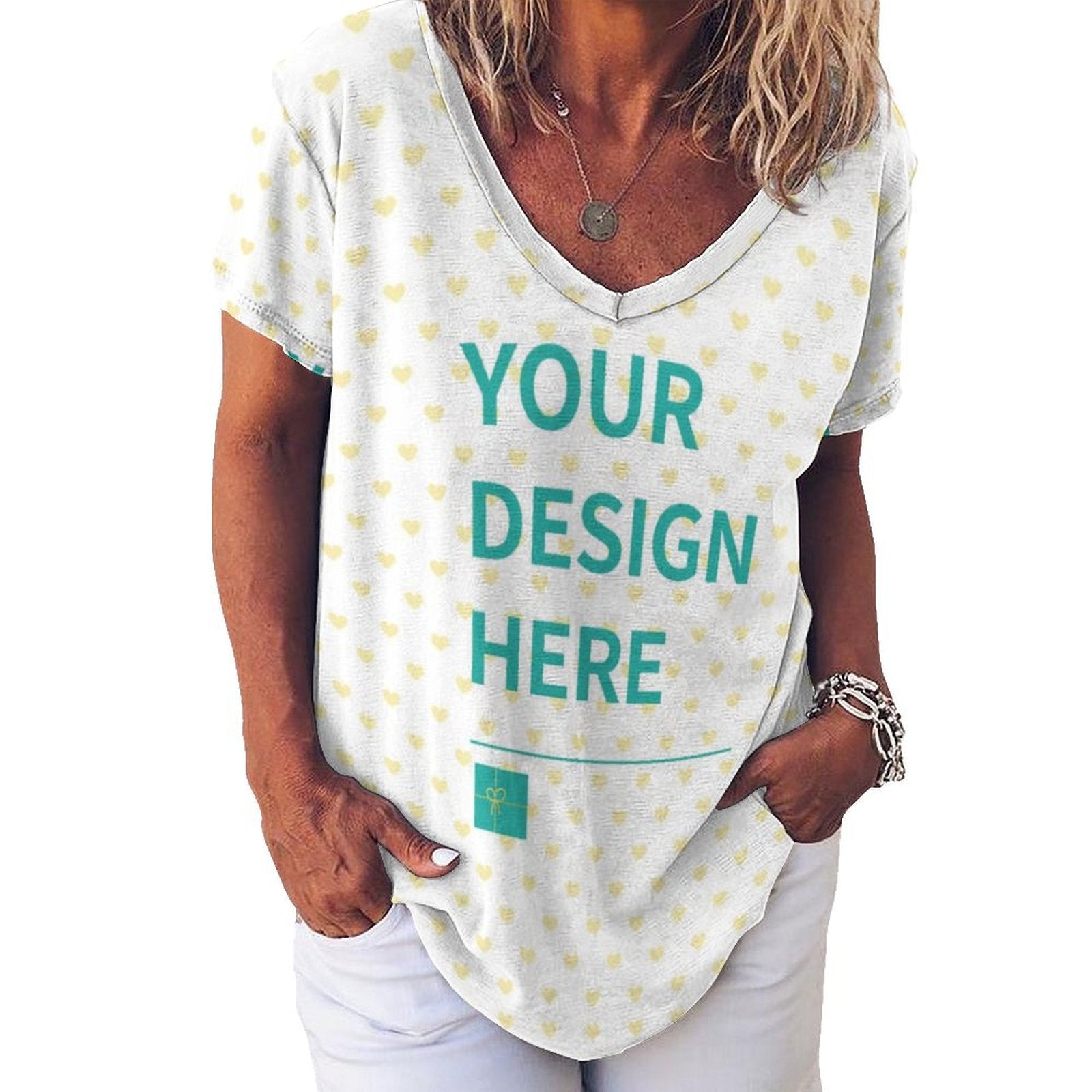 Customizable V-neck tee with heart pattern and design, featuring "YOUR DESIGN HERE"
