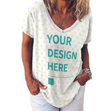 Customizable V-neck tee with heart pattern and design, featuring "YOUR DESIGN HERE"