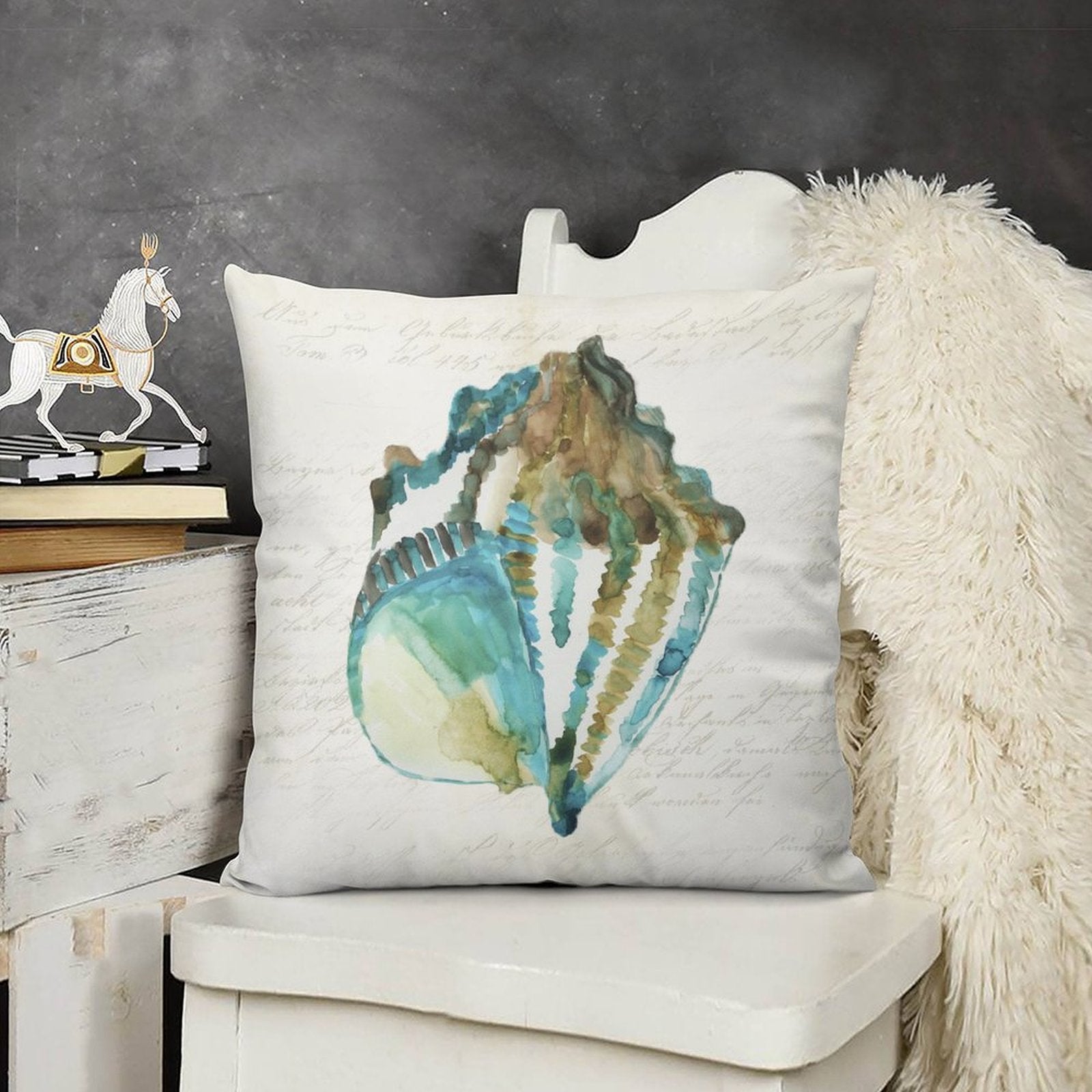 Luxury plush pillow cover with watercolor seashell design. Soft, fluffy, and decorative for sofa and couch.