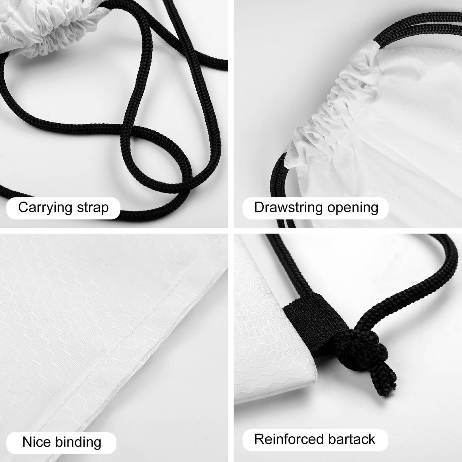 White drawstring backpack details: carrying strap, opening, binding, and bartack. Perfect for gym and travel.