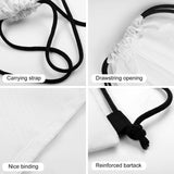 White drawstring backpack details: carrying strap, opening, binding, and bartack. Perfect for gym and travel.