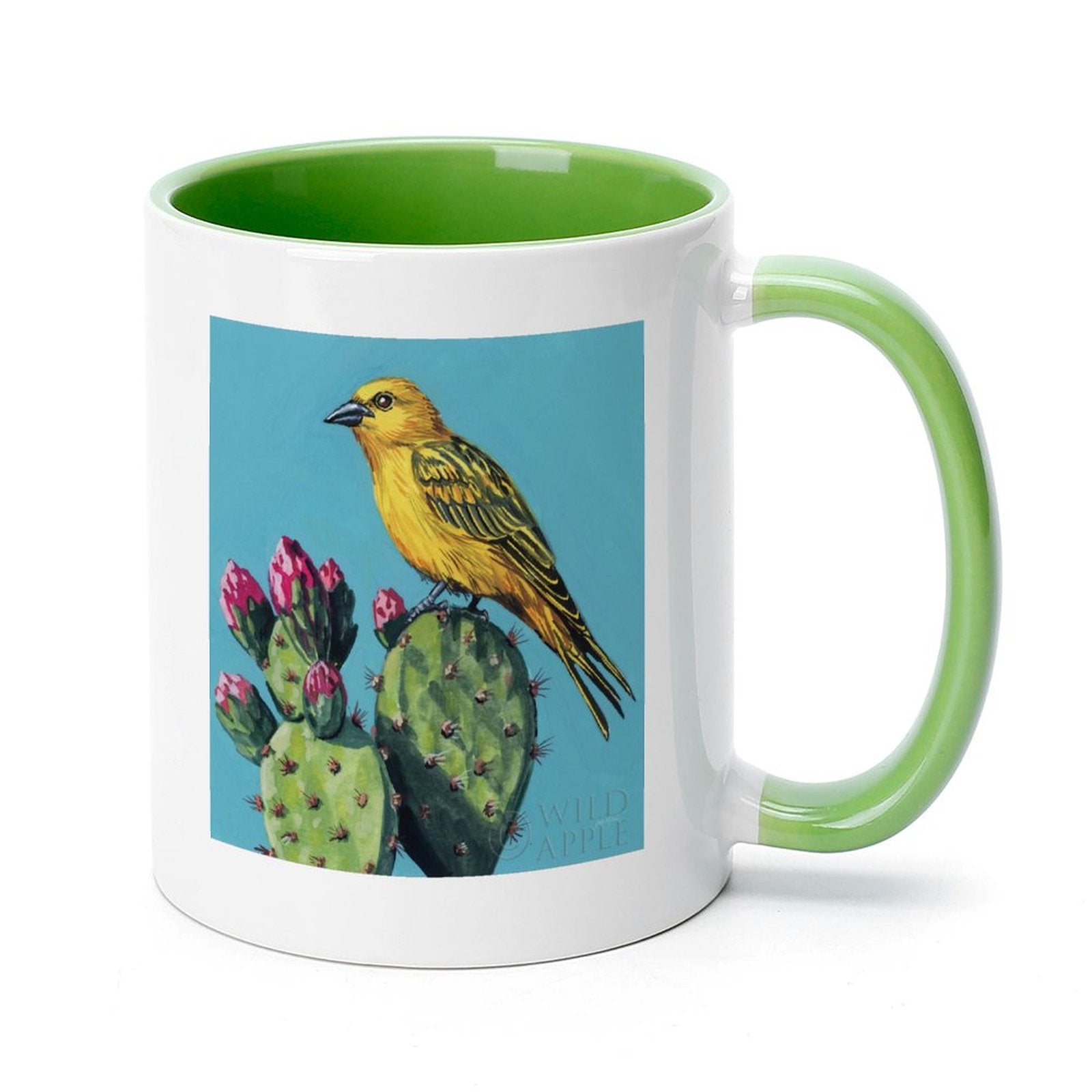 MyArtsyGift ceramic mug, yellow bird and cactus design by WILD APPLE art, green handle and interior