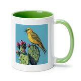 MyArtsyGift ceramic mug, yellow bird and cactus design by WILD APPLE art, green handle and interior