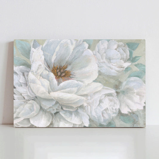 Beauty Bouquet Canvas Print, USA made, featuring white flowers with detailed brushstrokes, perfect for wall decoration.